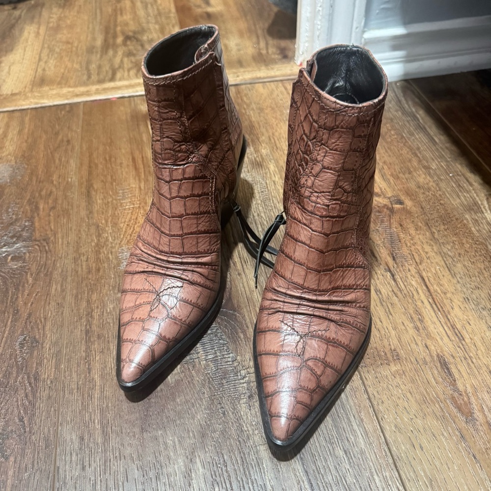 Dorothee Schumacher Croc-Embossed Pointed-Toe Ankle Boots in Brown